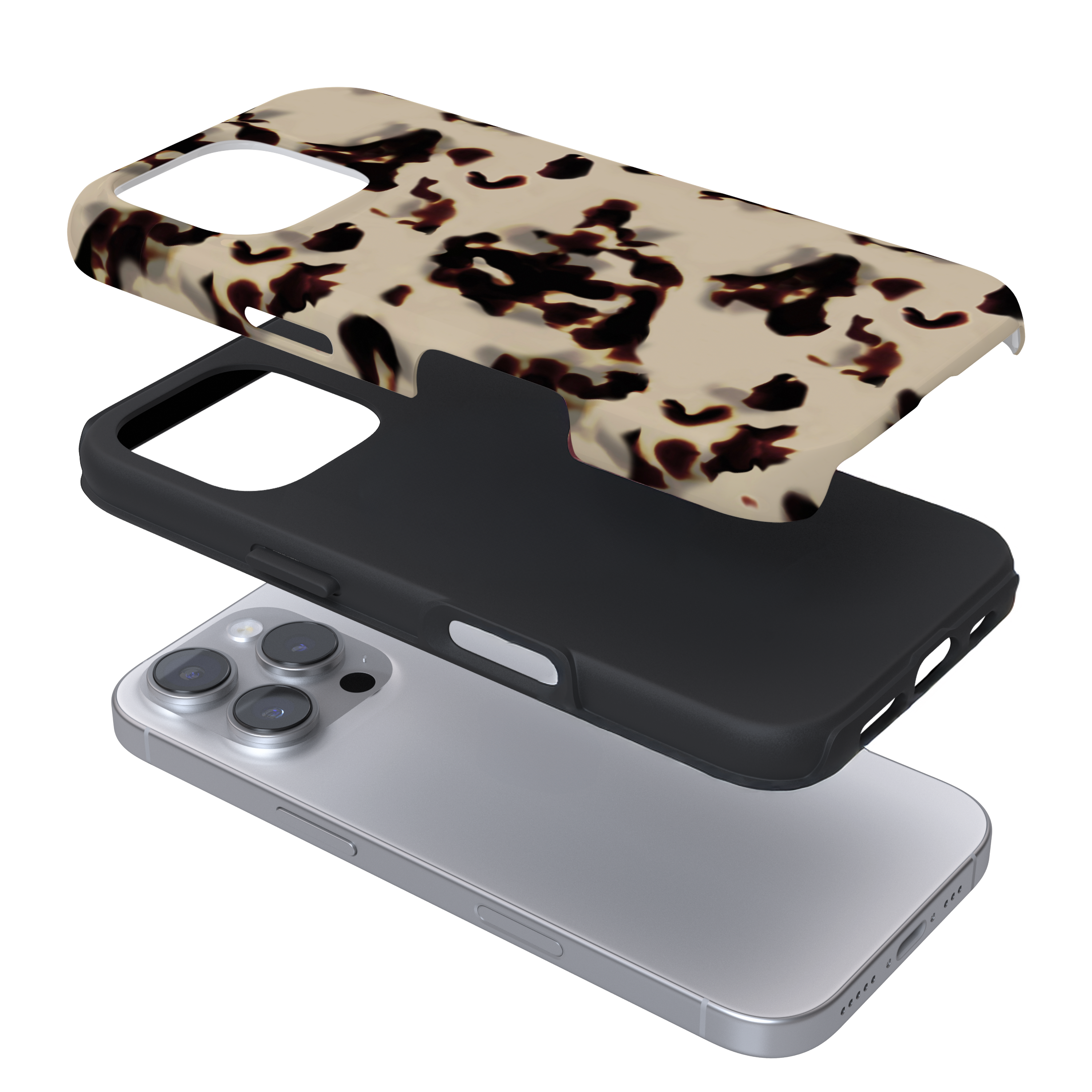 Expanded view of a phone case with a beige tort design on a white background