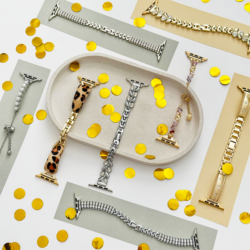 A close-up of a person's wrist wearing a smartwatch with a metallic, camouflage-patterned band. The background is blurred, with a soft, neutral color palette.