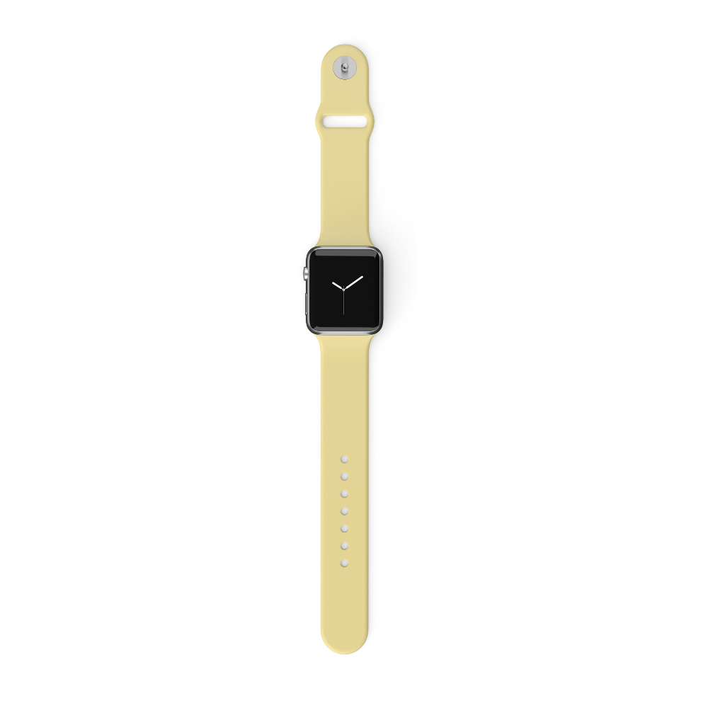 Butter yellow Coconut Lane NAKD Apple Watch strap displayed flat with a black watch face on a white background.