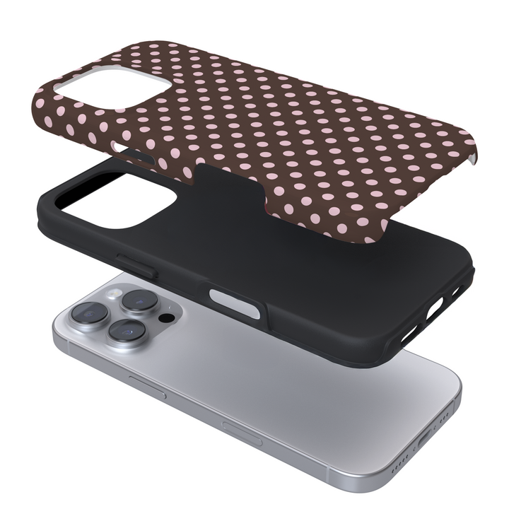 Expanded view of a phone case with a brown and pink polka dot pattern on a white background