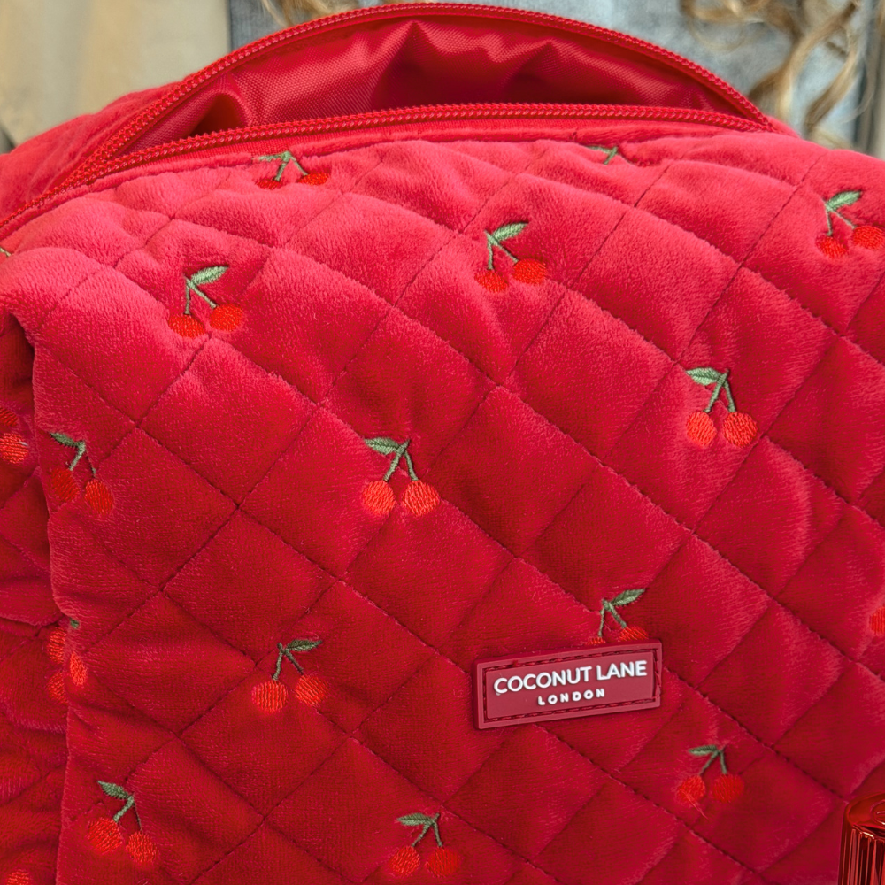 Quilted Cherry Velvet Makeup Bag