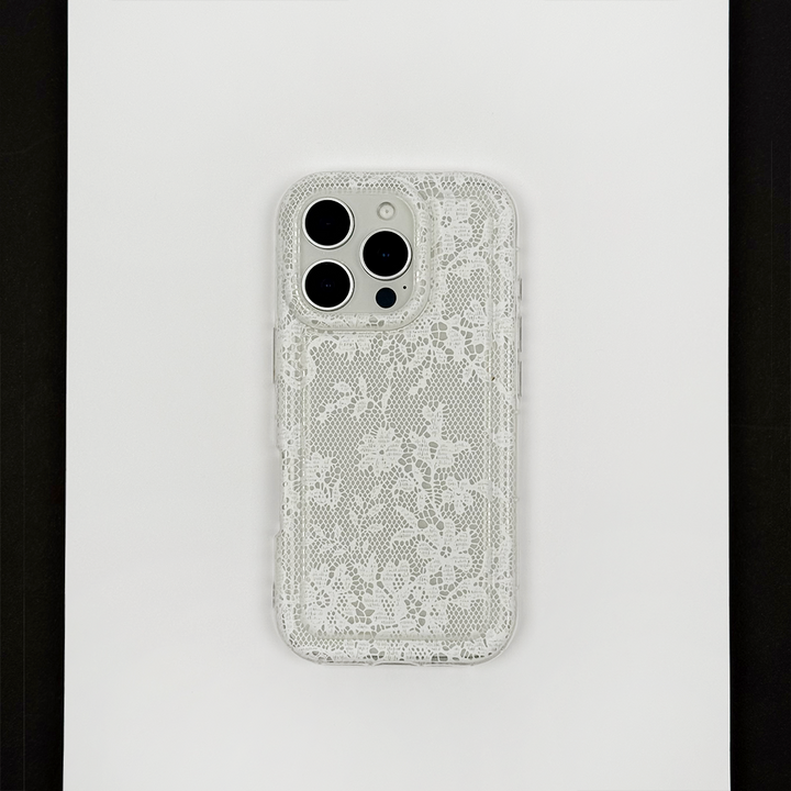 Clear Phone Case with lace design on a white background.