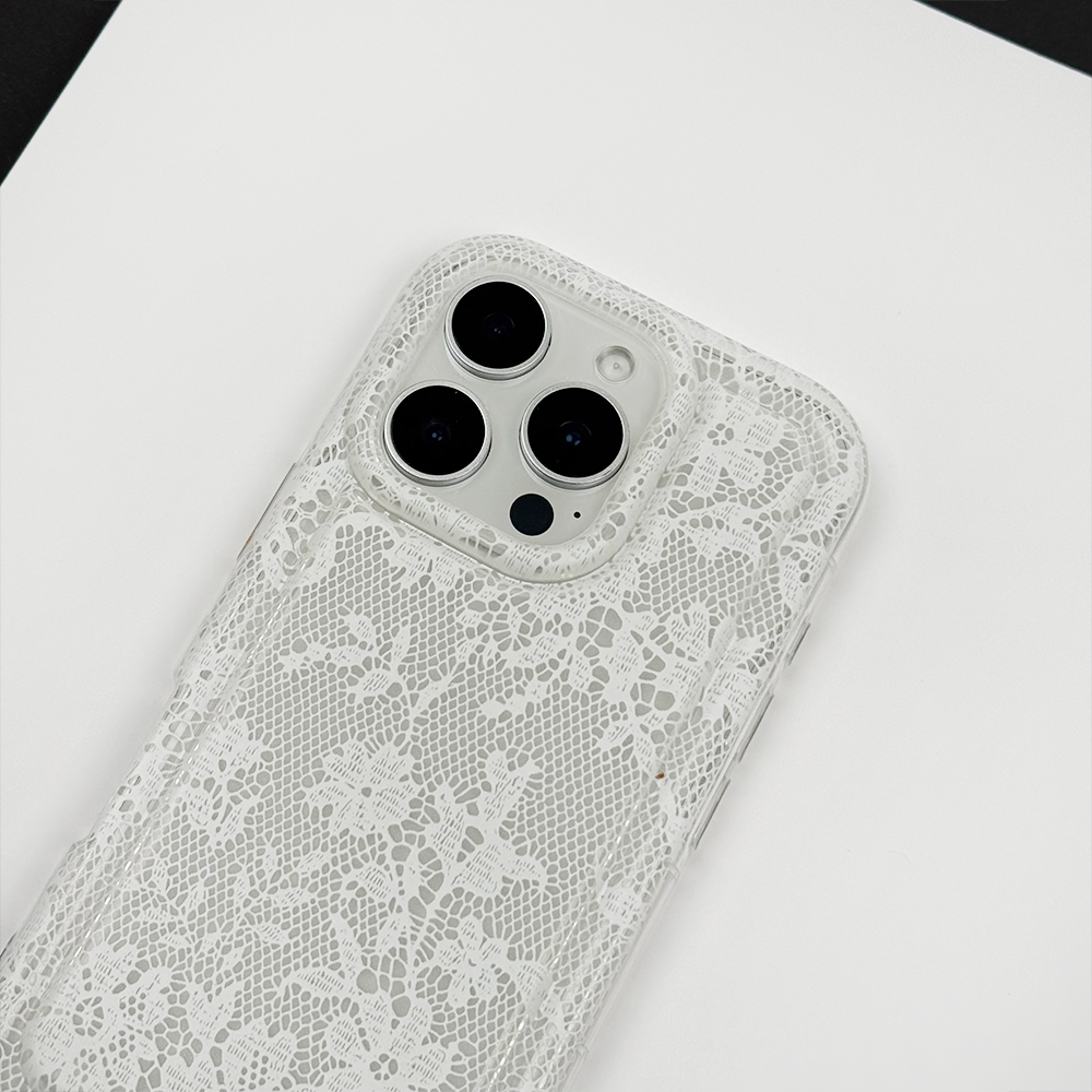 Clear Phone Case with lace pattern on a white surface.