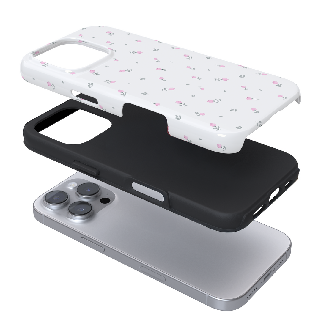 Expanded view of a phone case with a floral pattern on a white background