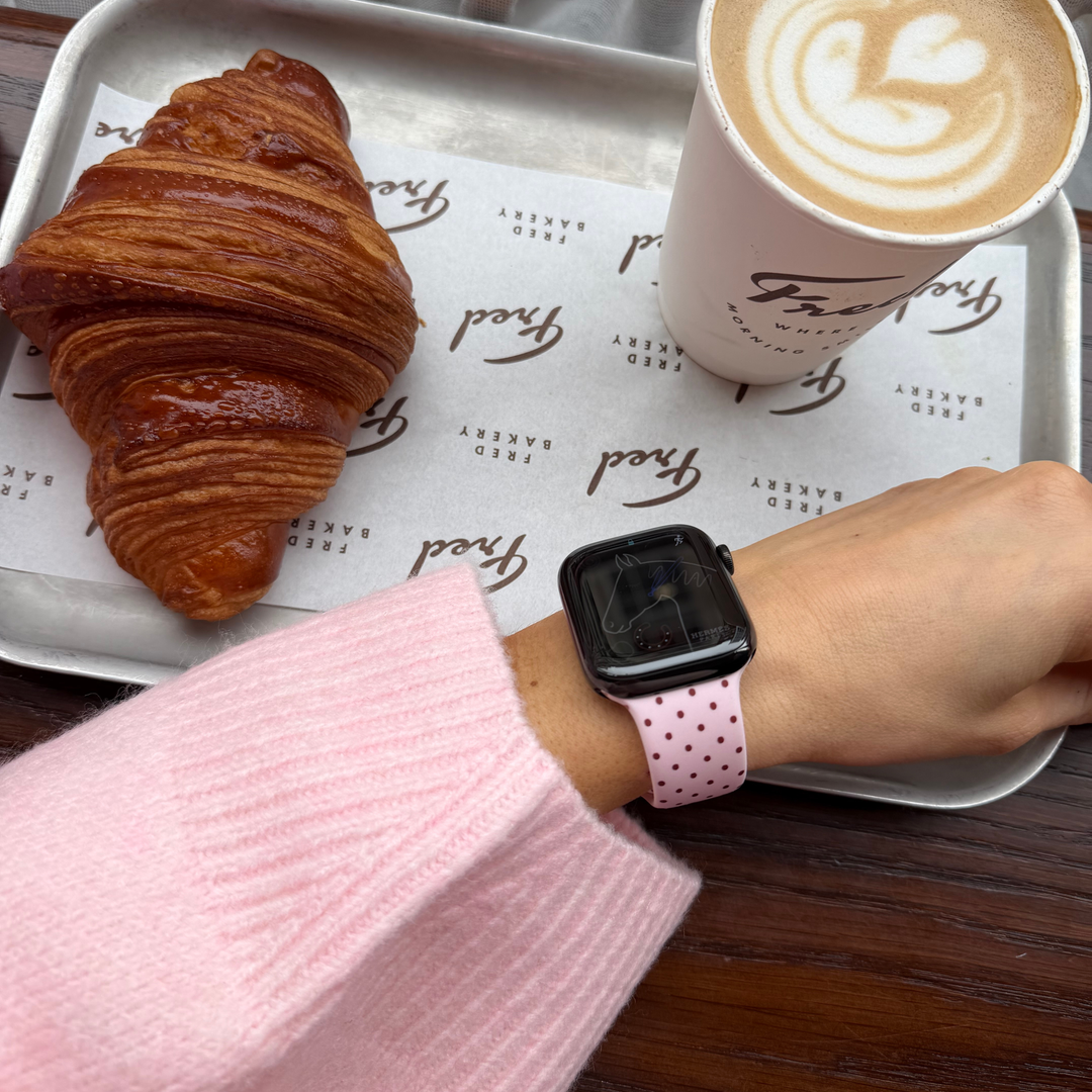 Dot Society Pink and brown Apple watch strap. Baby pink watch strap with dainty brown polka dot design.