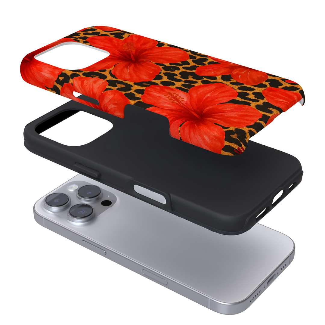 Expanded view of a phone case with a leopard print and hibiscus pattern on a white background