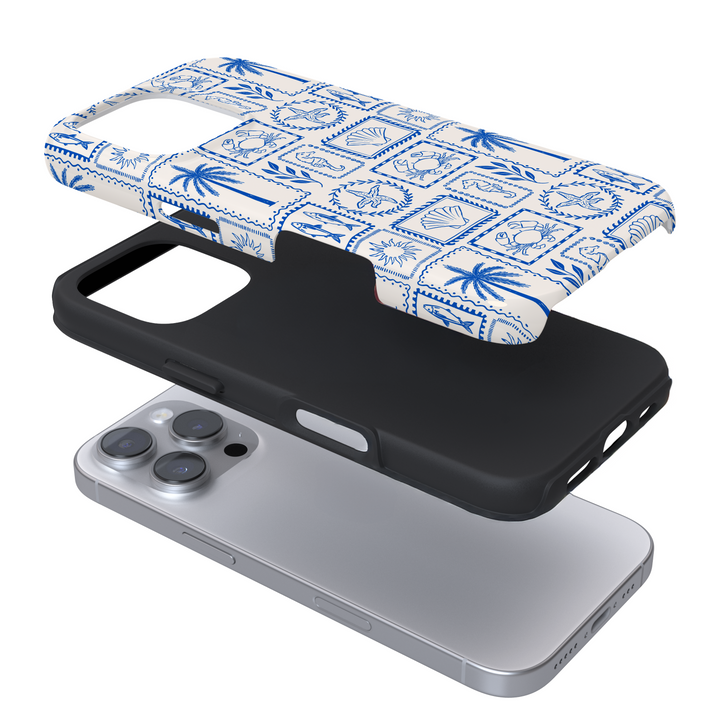 Expanded view of a phone case with a blue design on a white background