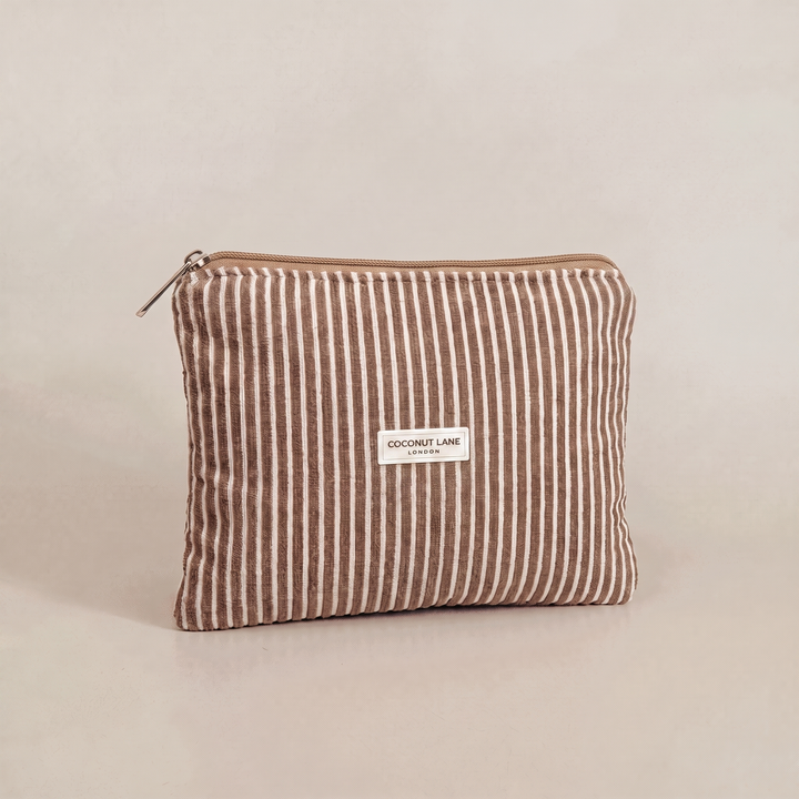 Brown and white stripe small Pouch with zip closure.