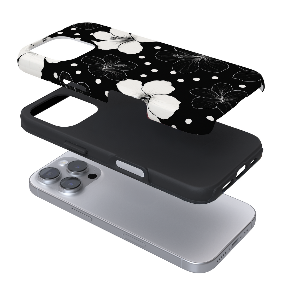 Expanded view of a phone case with a black and white floral pattern on a white background