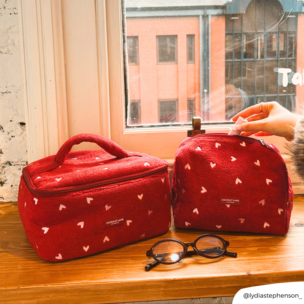 Mulberry Hearts Vanity Case and Makeup Bag sat next to each other