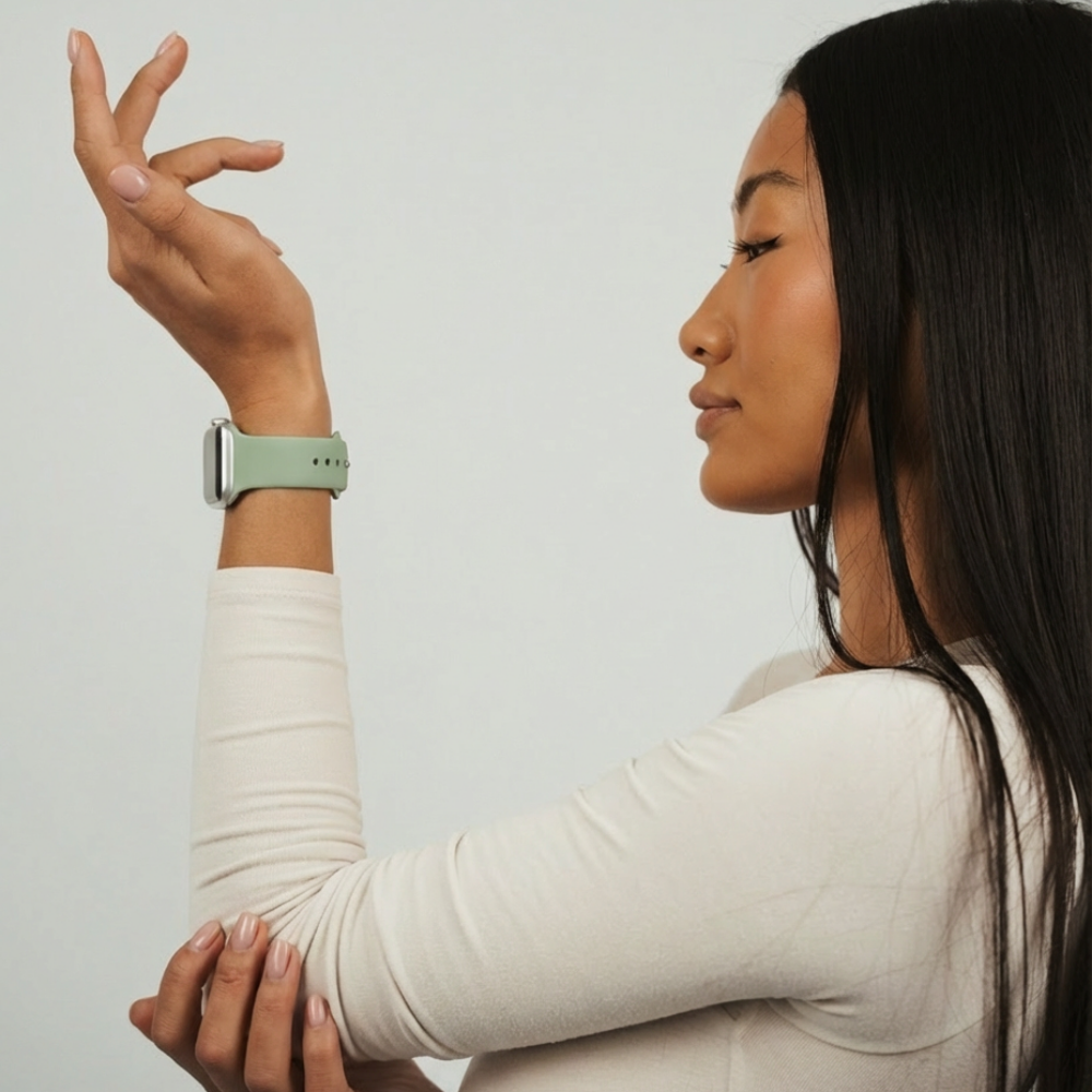 Girl posing picture close up of Sage Green NAKD Watch Strap