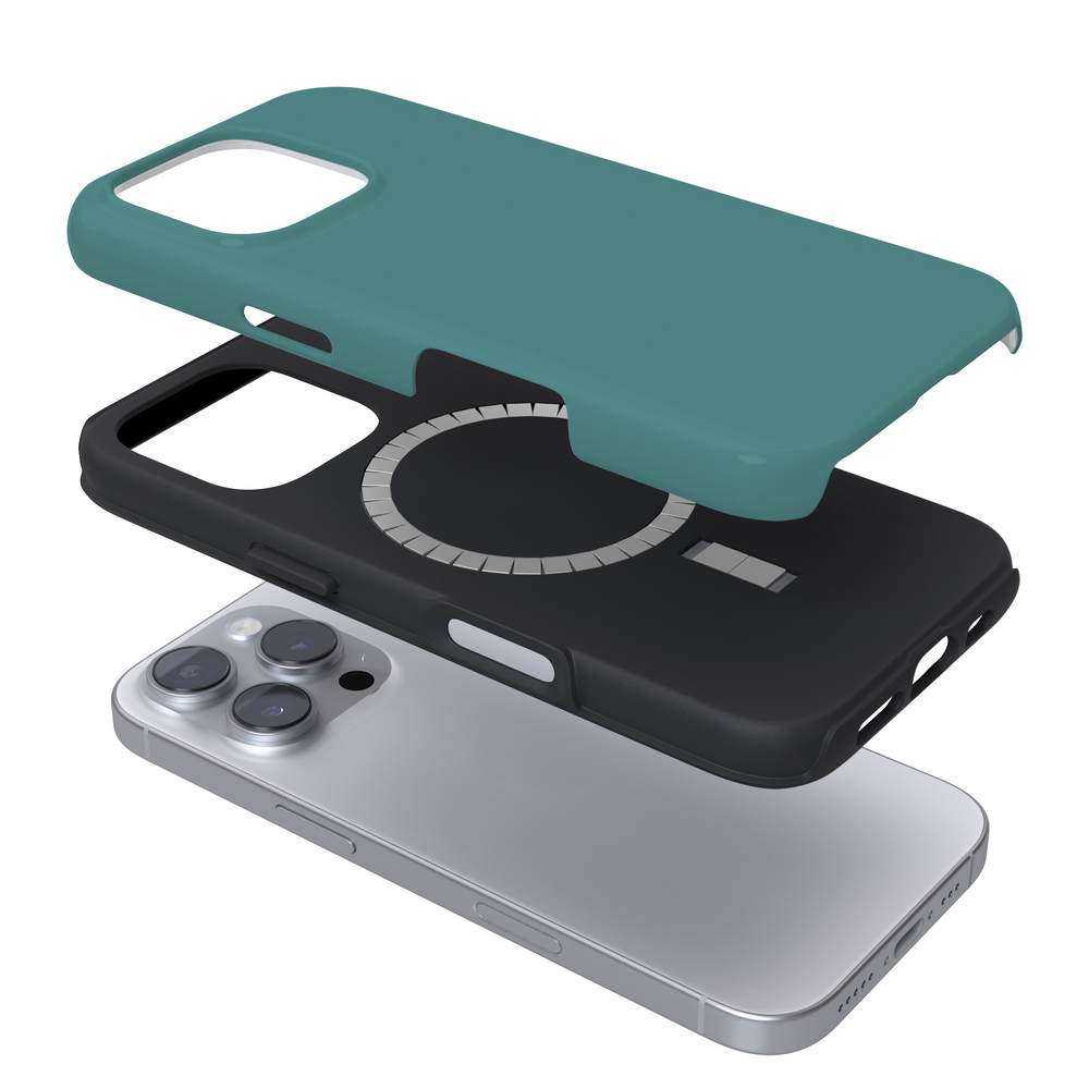 Expanded view of a Magsafe Phone case with a teal design on a white background