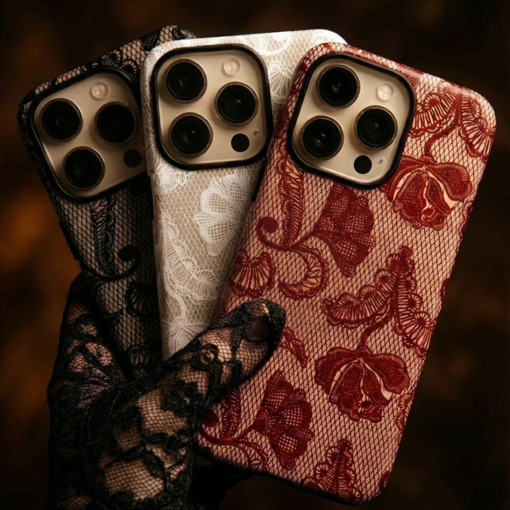 Group image of the 3 new Lace Tough Phone Cases with a lace glove holding them