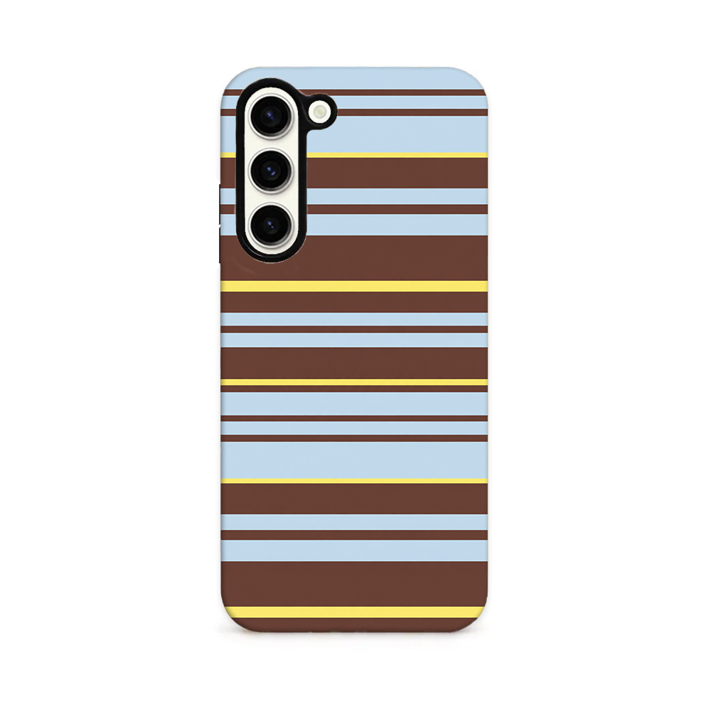 Blue, brown and yellow horizontal stripes or varying thicknesses.