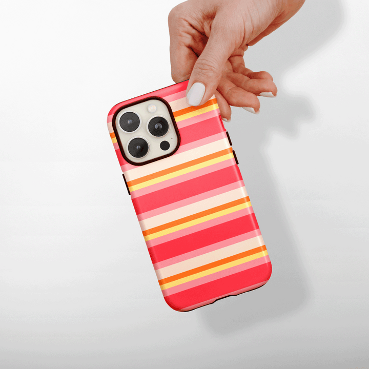 Pink, yellow, orange and white horizontal stripes.