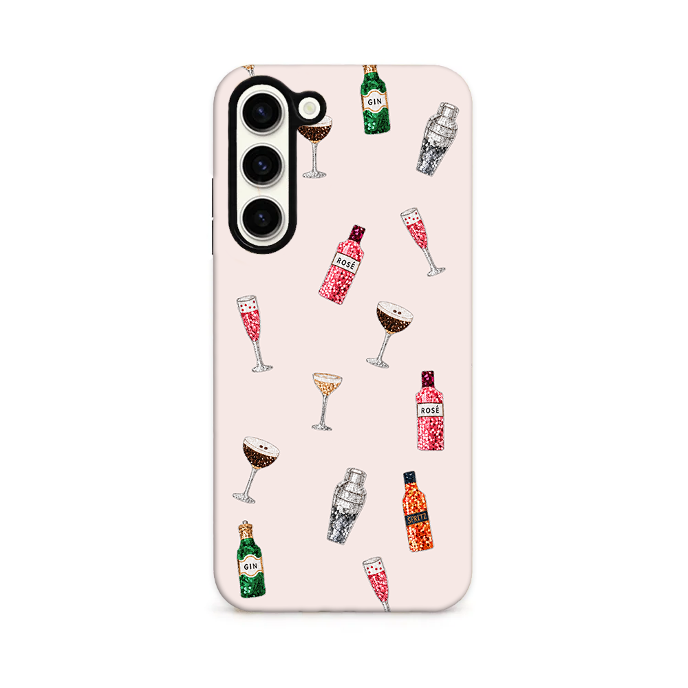 Festive drinks on a pale pink background phone case.