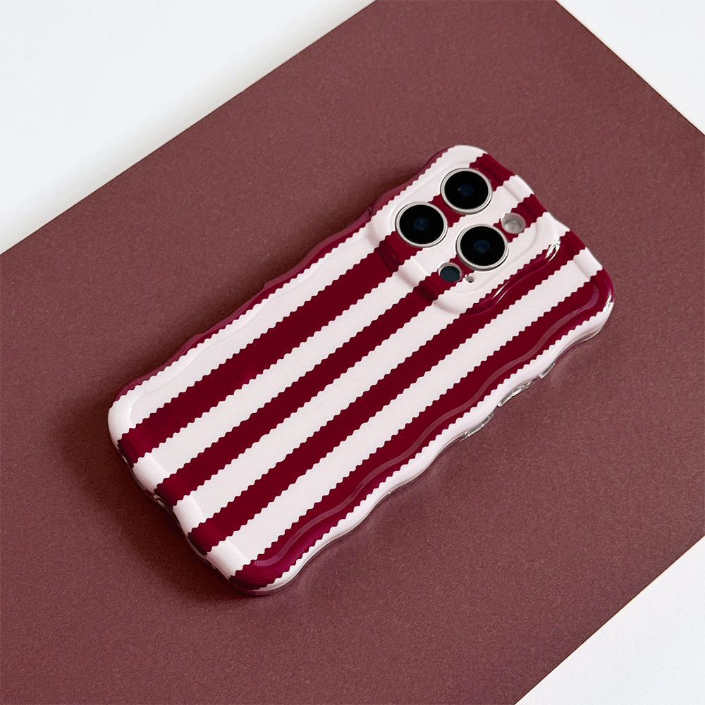 Burgundy and light pink striped Phone Case with wavy edging, Phone Case covers and protects camera area.