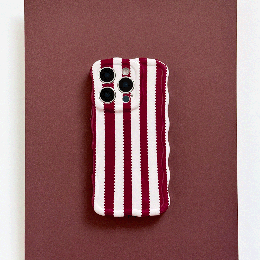 Burgundy and light pink striped Phone Case with wavy edging, Phone Case covers and protects camera area.