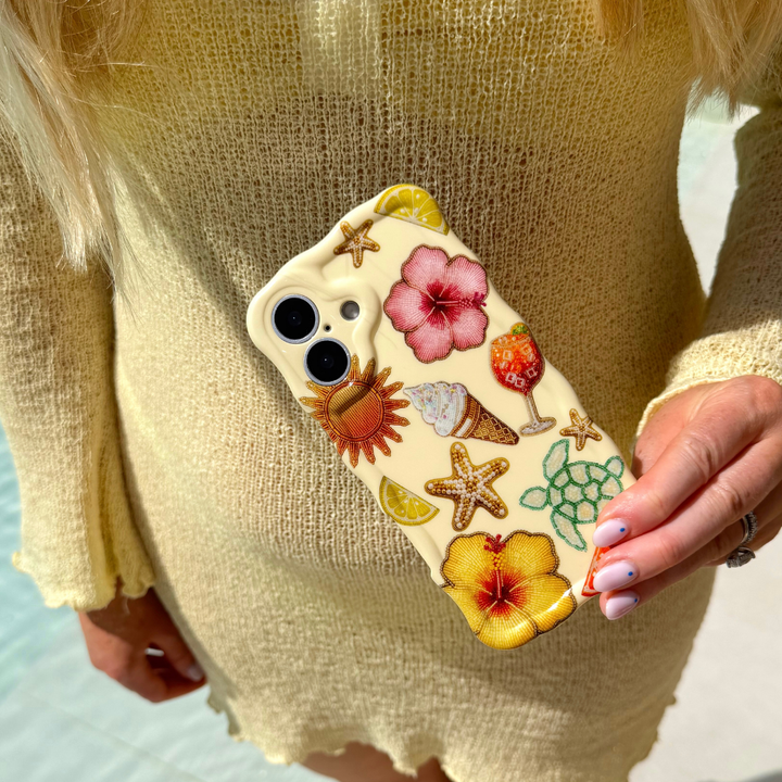 Girl holding Wavy Island Girl Summer Phone Case wearing yellow dress