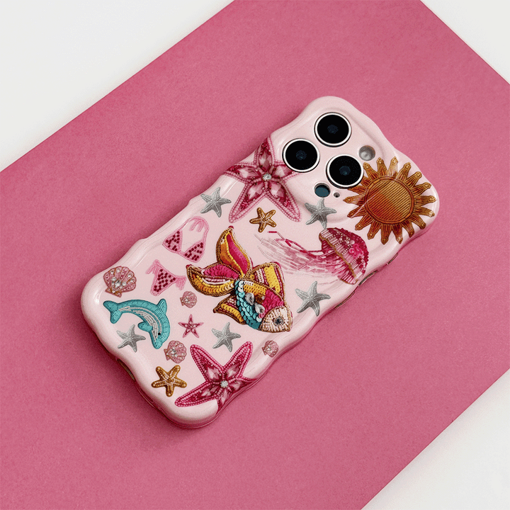 Pink Wavy Phone Case with sun, fish, starfish, and dolphin illustrations.