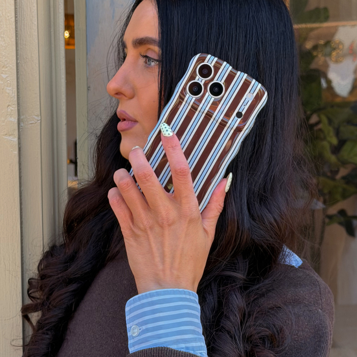 Wavy Brown and Blue Stripes Phone Case in girls hand on the phone