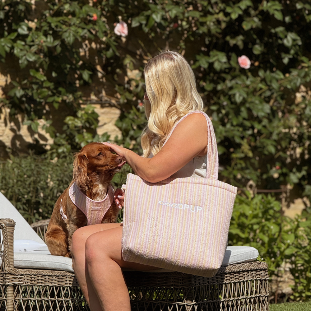 Woman outdoors with brown dog, both in pink, holding a pastel striped tote bag from Coconut Lane.