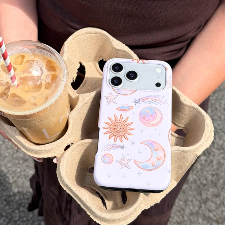 Tough Opal Celestial Phone Case in coffee tray