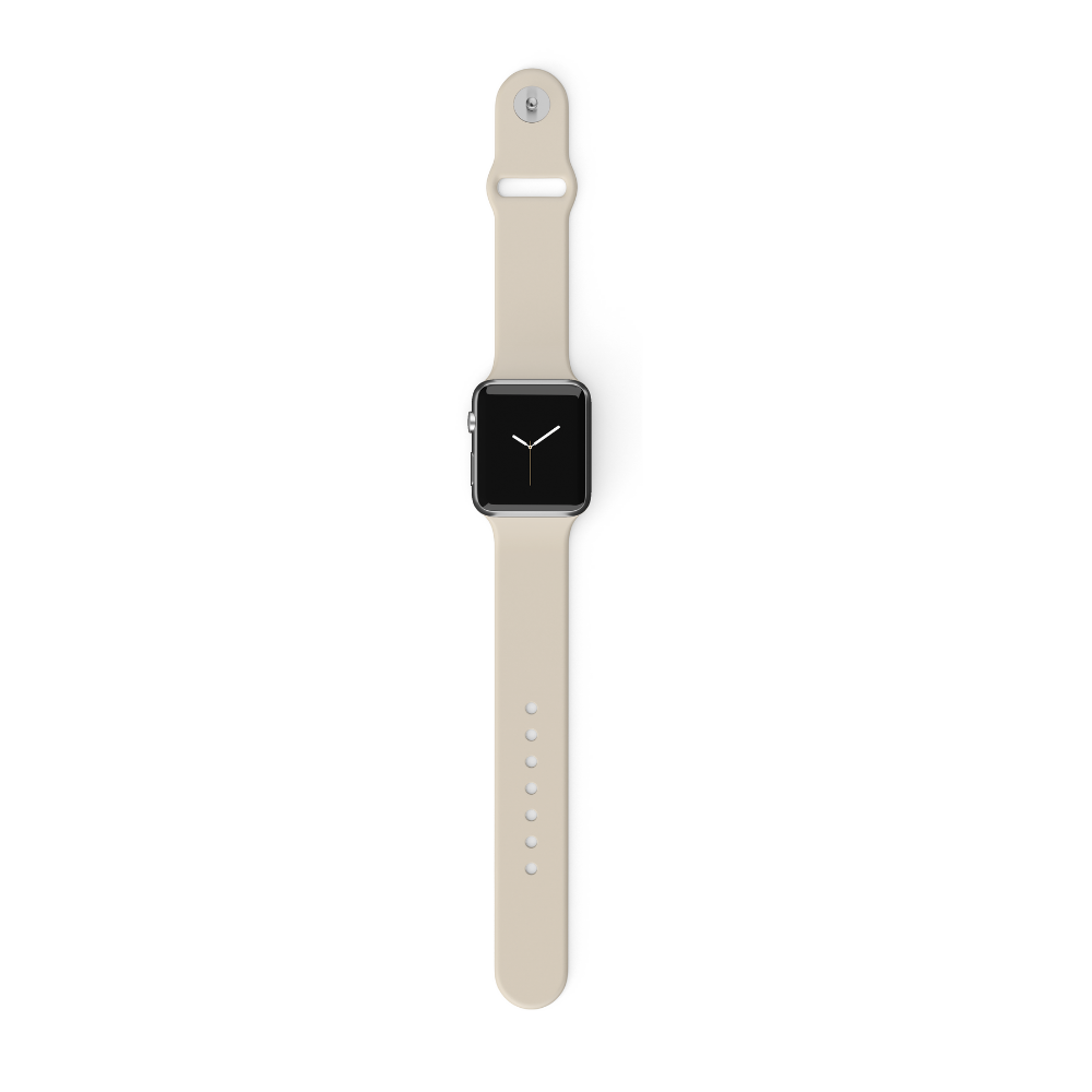 The NAKD Apple Watch Strap - Almond White by Coconut Lane is showcased against a white background. The watch face displays an analog clock with a black background and white hands. The adjustable strap, featuring multiple holes and a loop at the top for fastening, bears a resemblance to Apple Watch models.