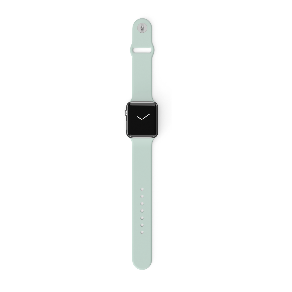 The NAKD Apple Watch Strap - Cool Mint from Coconut Lane features a rectangular black screen and a mint green silicone strap. The watch face displays time with simple white hour and minute hands. The band has multiple holes for adjustable sizing and is laid flat with the buckle at the top.